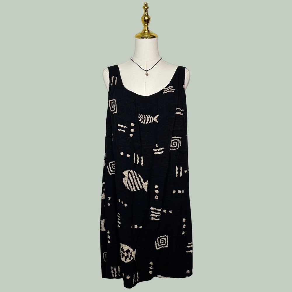 vintage 90s m.mac black & cream boho dress abstract fish beach indie artsy goth